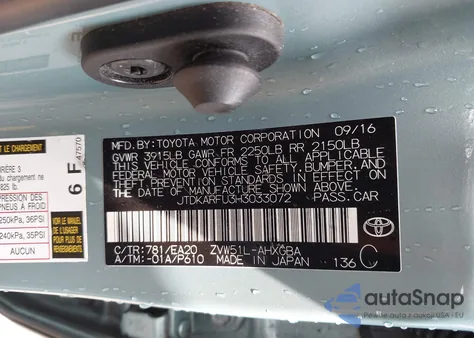 2017 Toyota Prius from USA, damaged, VIN JTDKARFU3H3033072